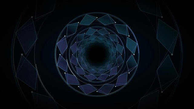 Rotating geometric tunnel made of translucent blue diamonds creates immersive motion in this digital video clip