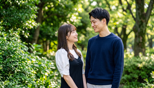 Young Asian couple in love smiling and looking at each other in a lush green park on a sunny day for dating and romance concepts