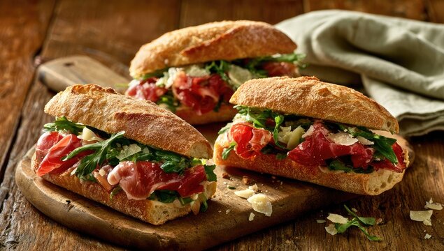 Three Italian-style sandwiches filled with cured meat, greens, and cheese