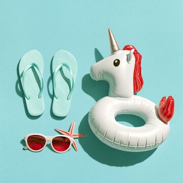 Whimsical inflatable unicorn float with sunglasses, starfish, and flip-flops