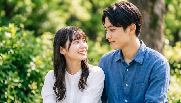 Young Asian couple smiling and looking at each other outdoors in a lush green park during spring or summer, romantic relationship