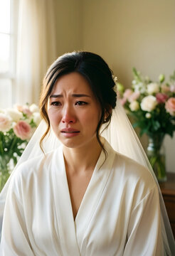 Emotional bride crying on her wedding day, pre-wedding stress and anxiety, young woman in white robe with veil
