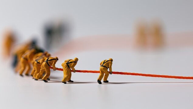 Miniature figures in yellow suits pull an orange line