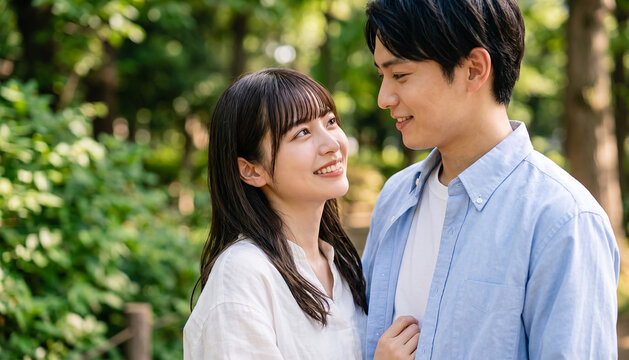 Young Asian couple in love smiling and looking at each other romantically outdoors in a lush green park during a bright spring day, capturing warmth, affection, and happiness