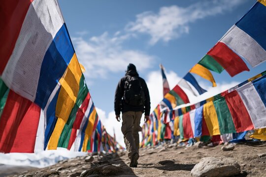 Walking through colorful Tibetan prayer flags