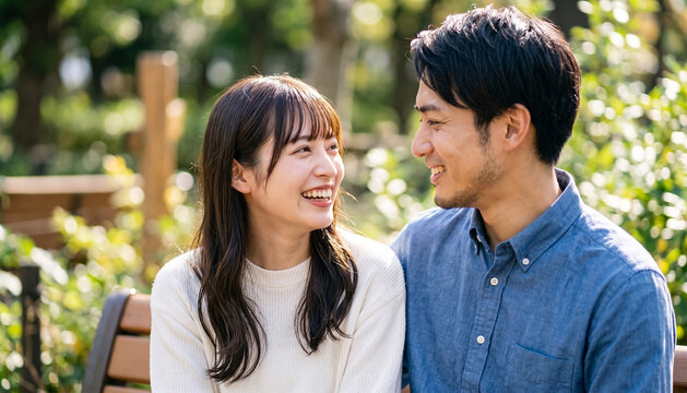 Happy young couple smiling and looking at each other on a park bench during a sunny day, representing romance, love, and togetherness in nature