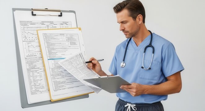 Male doctor in blue scrubs with stethoscope reviewing patient charts and medical forms on clipboards