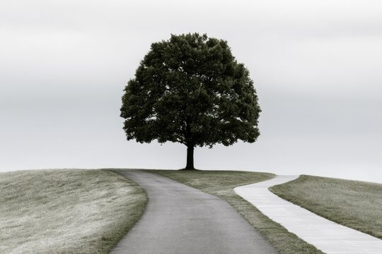 A solitary tree stands at a fork in a paved path under an overcast sky