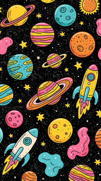 A colorful hand drawn pattern featuring various planets and rockets floating through a dark starry space background