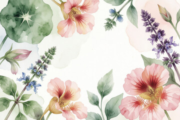 Obraz premium Watercolor Edible Flowers and Garden Herbs Top View