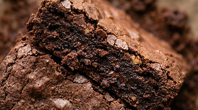 Rich Chocolate Brownie Slice with Dark Chips, Close-up Macro Detail