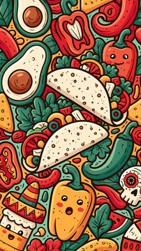 A colorful hand drawn pattern features cute cartoon food items including tacos and peppers with a fun mexican theme for a vibrant festive background design