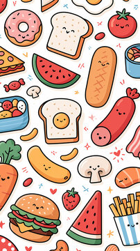 A colorful pattern of cute cartoon food items with happy faces arranged on a white background for a fun culinary design
