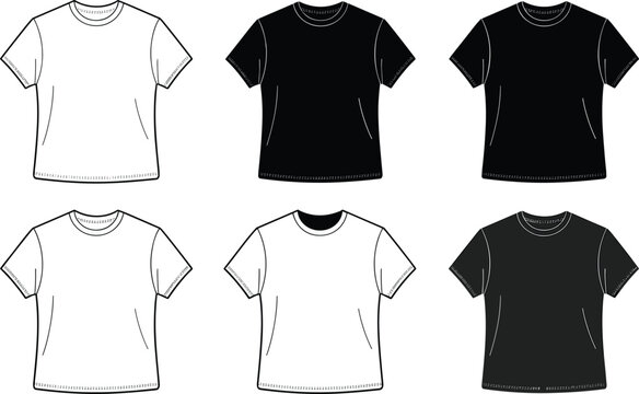 Blank white and black short sleeve t-shirt icons vector set showing multi angle linear tech pack sketches