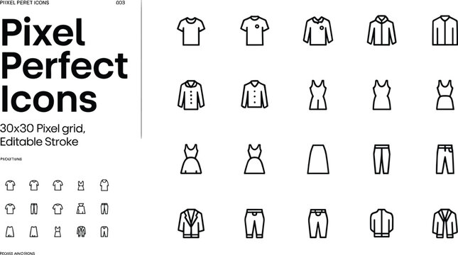 Clothing and apparel pixel perfect line icon collection featuring editable stroke garment style symbols vector grid template