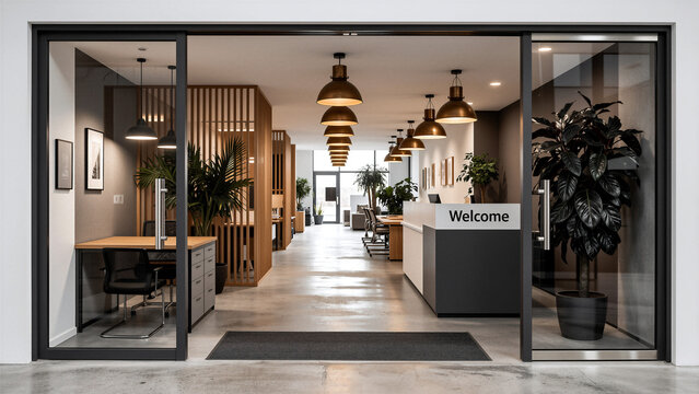 Modern office reception area with wooden partitions and plants