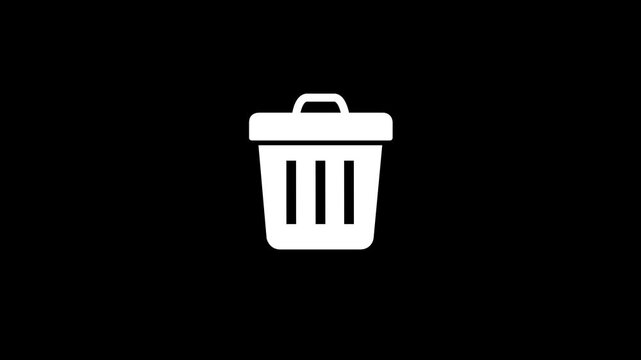Animated trash can icon with paper thrown in on black background. Throwing rubbish in dustbin, Motion Graphic concept animation