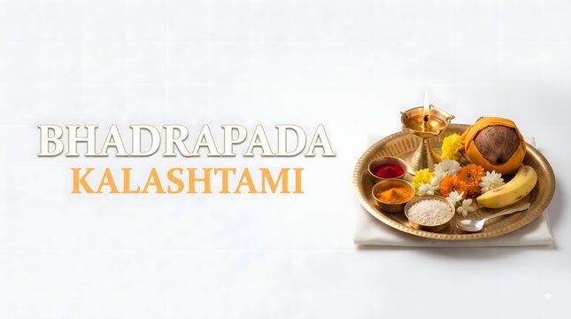 Traditional bhadrapada kalashtami puja plate with oil lamp and floral offerings on white.