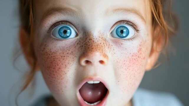 Close-up of a young girl with freckles and blue eyes showing shocked expression