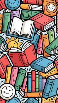 A colorful pattern of hand drawn books and smiling suns creates a fun education themed background for children and students in a playful cartoon style illustration