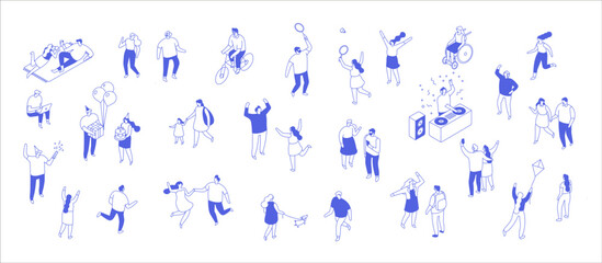 Naklejka premium Isometric crowd of people vector collection in clean line art style with walking, dancing, sitting, cycling and social activities isolated on white background.