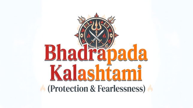 Bhadrapada kalashtami poster with traditional circular emblem and weapons on white backdrop.