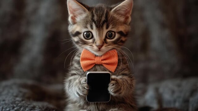 Cute Tabby Kitten Wearing Orange Bow Tie with Smartphone