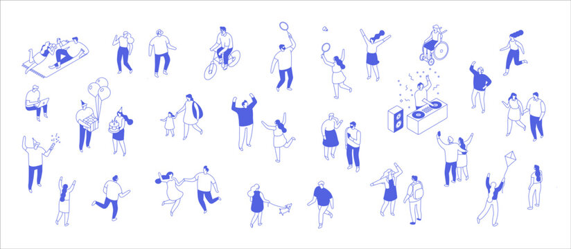 Isometric crowd of people vector collection in clean line art style with walking, dancing, sitting, cycling and social activities isolated on white background.