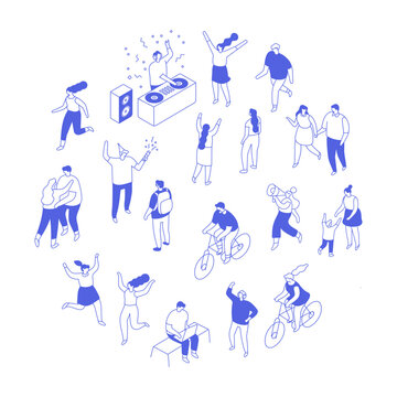 Vector isometric people crowd collection in line art style with families, friends, couples and individuals enjoying everyday outdoor activities isolated on white.