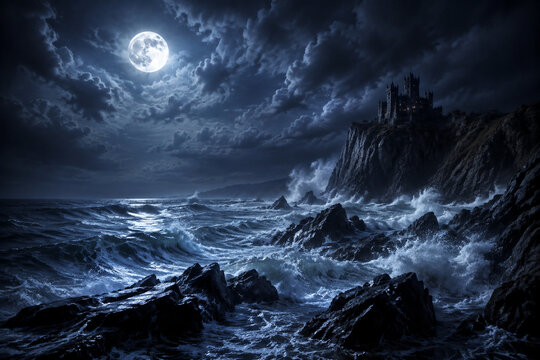 Stormy sea at night under a full moon, waves crashing on jagged rocks.