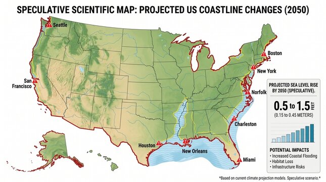 Projected USA Coastline Sea Level Rise Map 2050