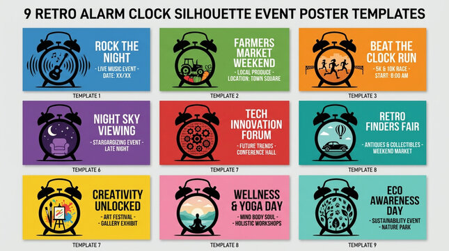 Retro alarm clock silhouette event poster templates, set of 9 colorful graphic banners, vintage clock icons for marketing