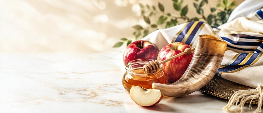 Rosh Hashanah background banner. Shofar, apples, honey, and tallit on a bright marble table. Jewish New Year holiday greeting backdrop with copy space.