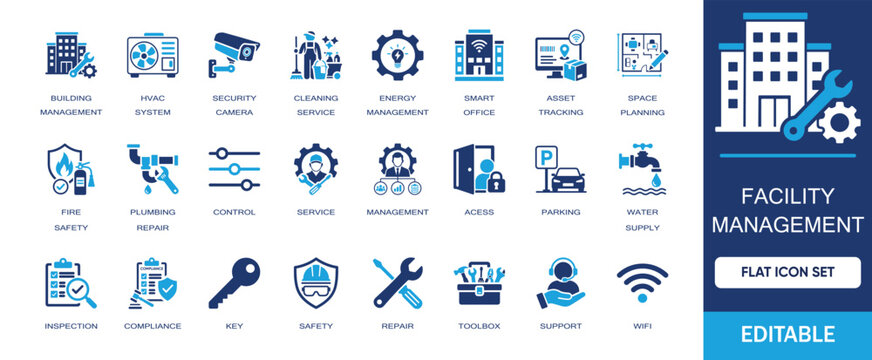 Facility Management editable solid icon set. Includes by security, service, planning, safety, repair, support, compliance and hvac. Flat vector icons collection for building and property operations.