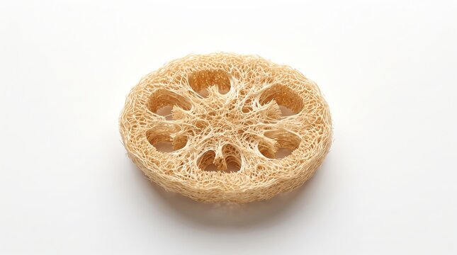 Natural dry loofah sponge slice featuring intricate fibrous textures, beige organic tones, and circular geometric patterns for eco friendly exfoliation