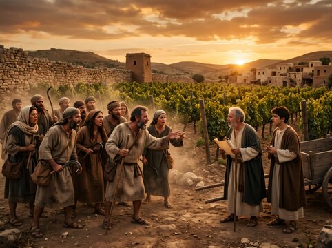 Workers confronting vineyard owner over unfair wages at sunset