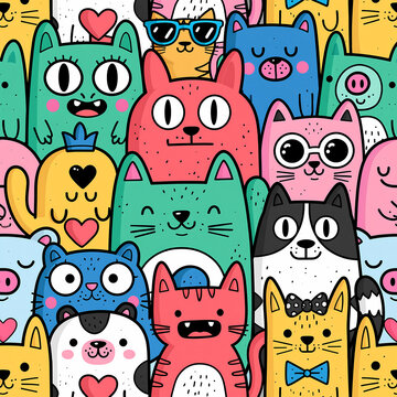 A colorful seamless pattern features a collection of cute doodle cats with various expressions and accessories in a playful cartoon style