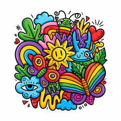 Fototapeta premium A colorful doodle illustration featuring cute insects butterflies a sun and abstract shapes arranged in a vibrant composition on a white background