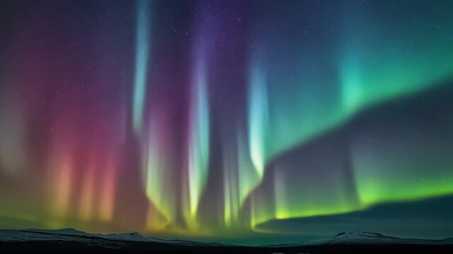 Vibrant Aurora Borealis dances across the night sky in a breathtaking display of natural light.