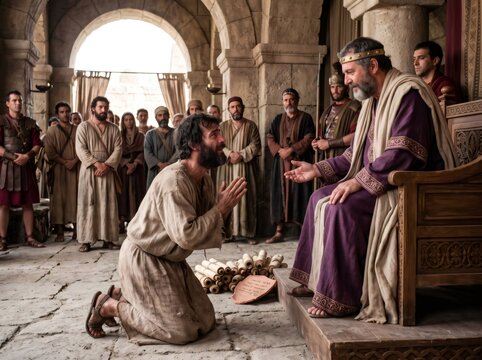 Servant begging king for mercy in ancient parable