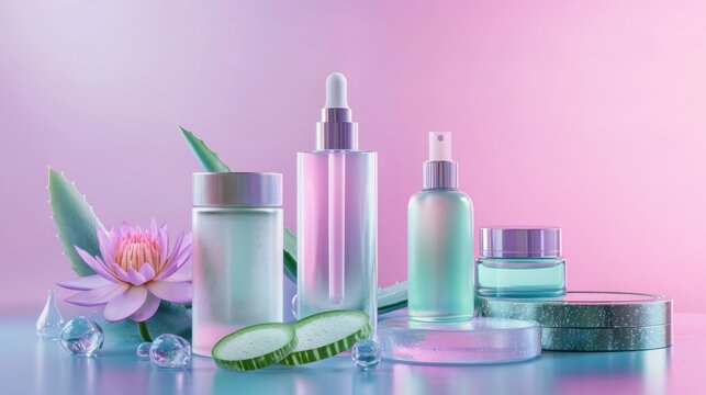 Elegant cosmetic set with glass bottles cream containers aloe slices and soft flowers creating luxury skincare advertising scene for beauty wellness hydration spa treatment natural care routine look