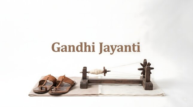 Gandhi jayanti minimalist composition featuring leather sandals and wooden spinning wheel.