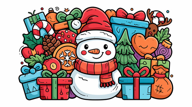 A happy snowman stands in the center surrounded by colorful Christmas gifts and festive holiday decorations in a fun cartoon doodle style illustration