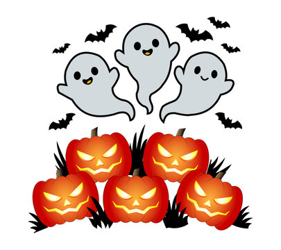 Cute Halloween Ghosts and Jack O Lantern Pumpkins Cartoon Vector Illustration.