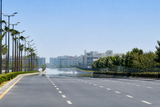 A wide road in a campus area stretches under clear morning light, with tall palm trees lining the lanes. An empty street conveys calm, focus, and potential.