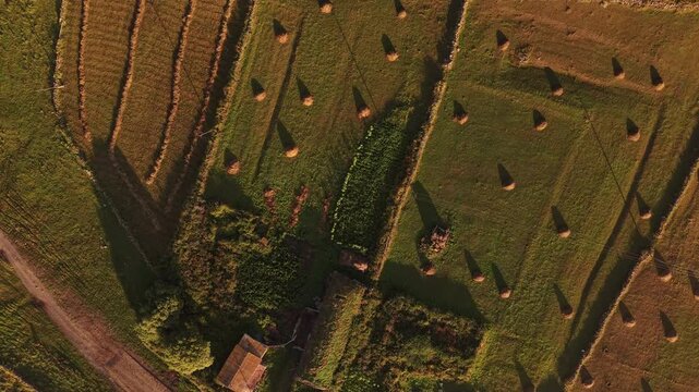 Aerial view of haystacks and fields at sunrise in Georgia