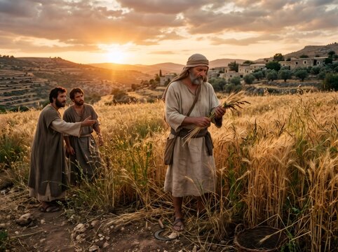 Farmer examining wheat and weeds in golden field