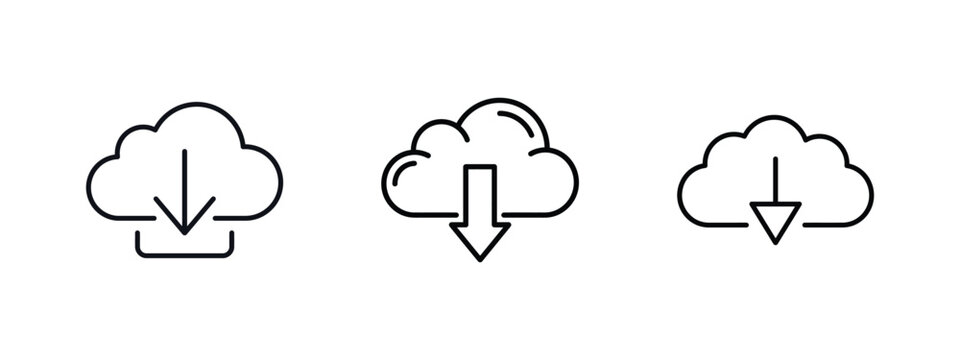 Cloud download icon set with arrow symbol for data storage, file transfer, and backup concept in line art style, digital cloud computing vector illustration