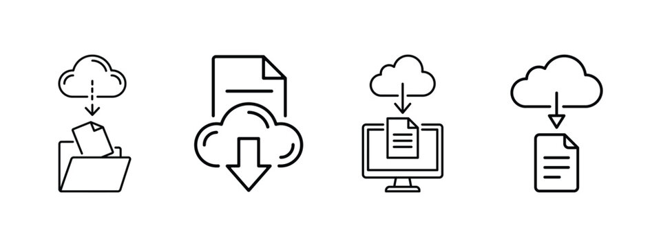 Cloud File Download and Document Transfer Icons Set, Black and White Linear Cloud Storage Symbols, Minimal Download Files, Data Backup and Upload Interface Icons for Web, App and UI Design