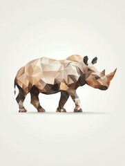 Low poly rhinoceros illustration in earth tones against white background, modern geometric animal art with detailed polygonal structure
